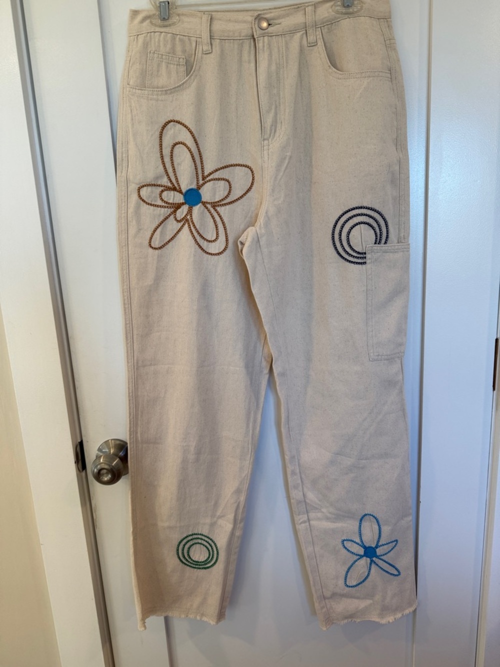 POL Cream Embroidered Flower Pants with Blue & Green Accents